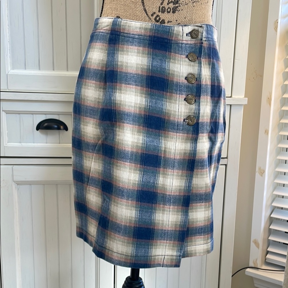 Niki-Lee Vintage Denim Plaid Button-Front Wrap Skirt - Blue, White, pink, beige